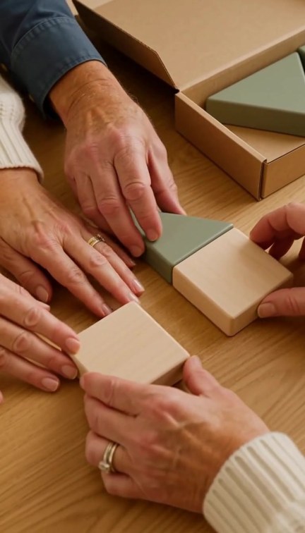 Hands demonstrate the wooden activity kit